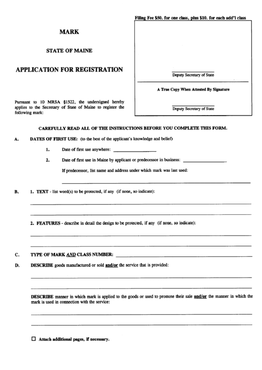 Form Mark-1 - Application For Registration - Maine Secretary Of State Printable pdf