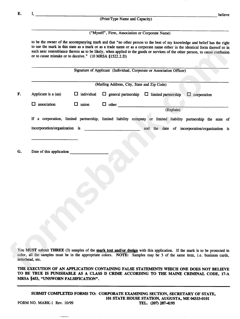 Form Mark-1 - Application For Registration - Maine Secretary Of State