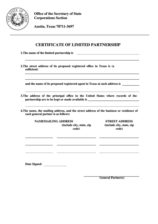 Form 207 - Certificate Of Limited Partnership - Texas Secretary Of State Printable pdf