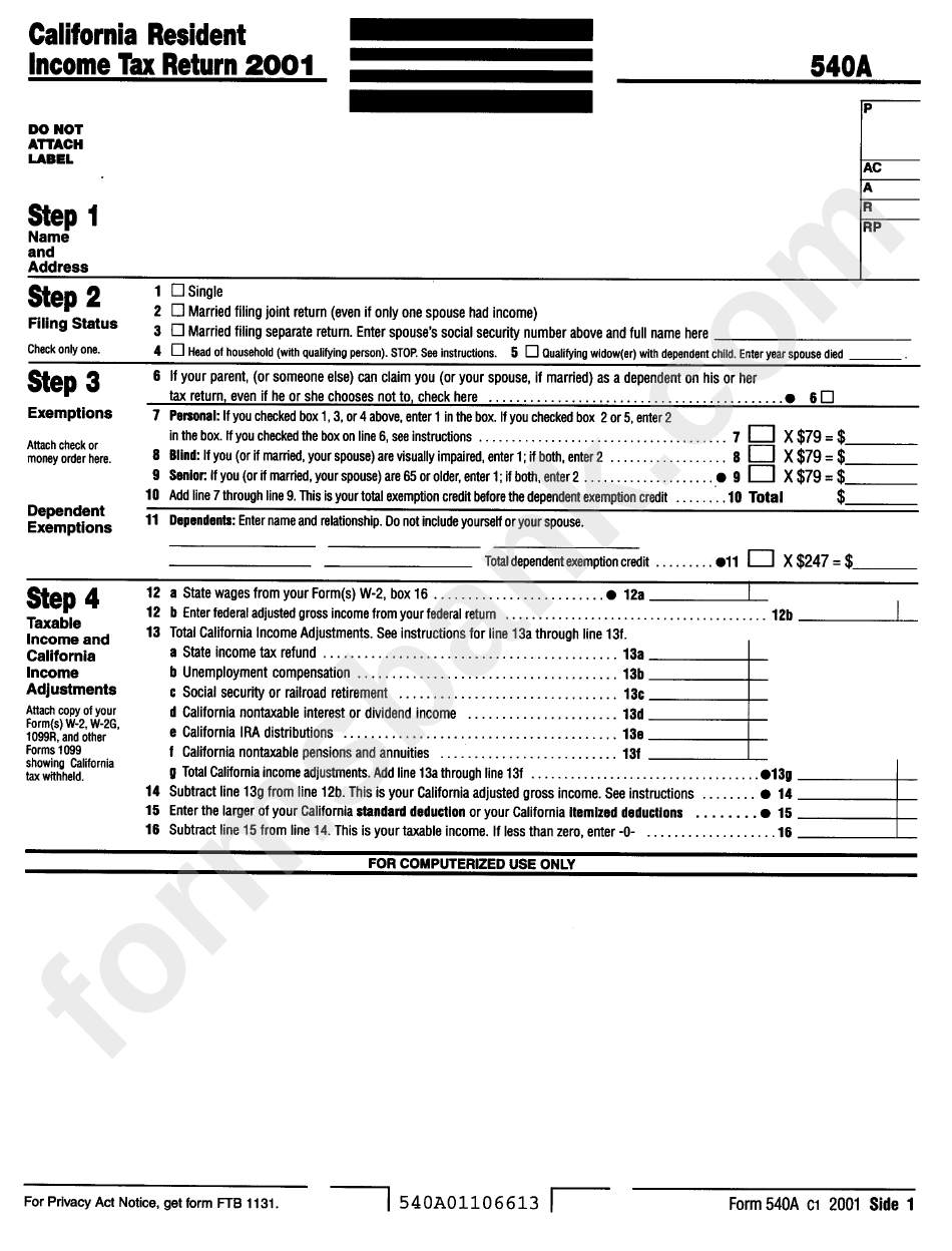 Download Form 540a - California Resident Income Tax Return 2001 printable pdf download