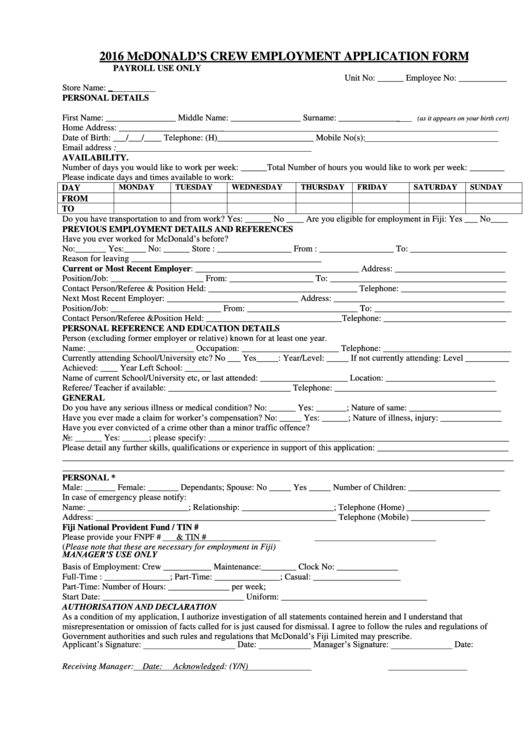 Mcdonald's Crew Employment Application Form - 2016