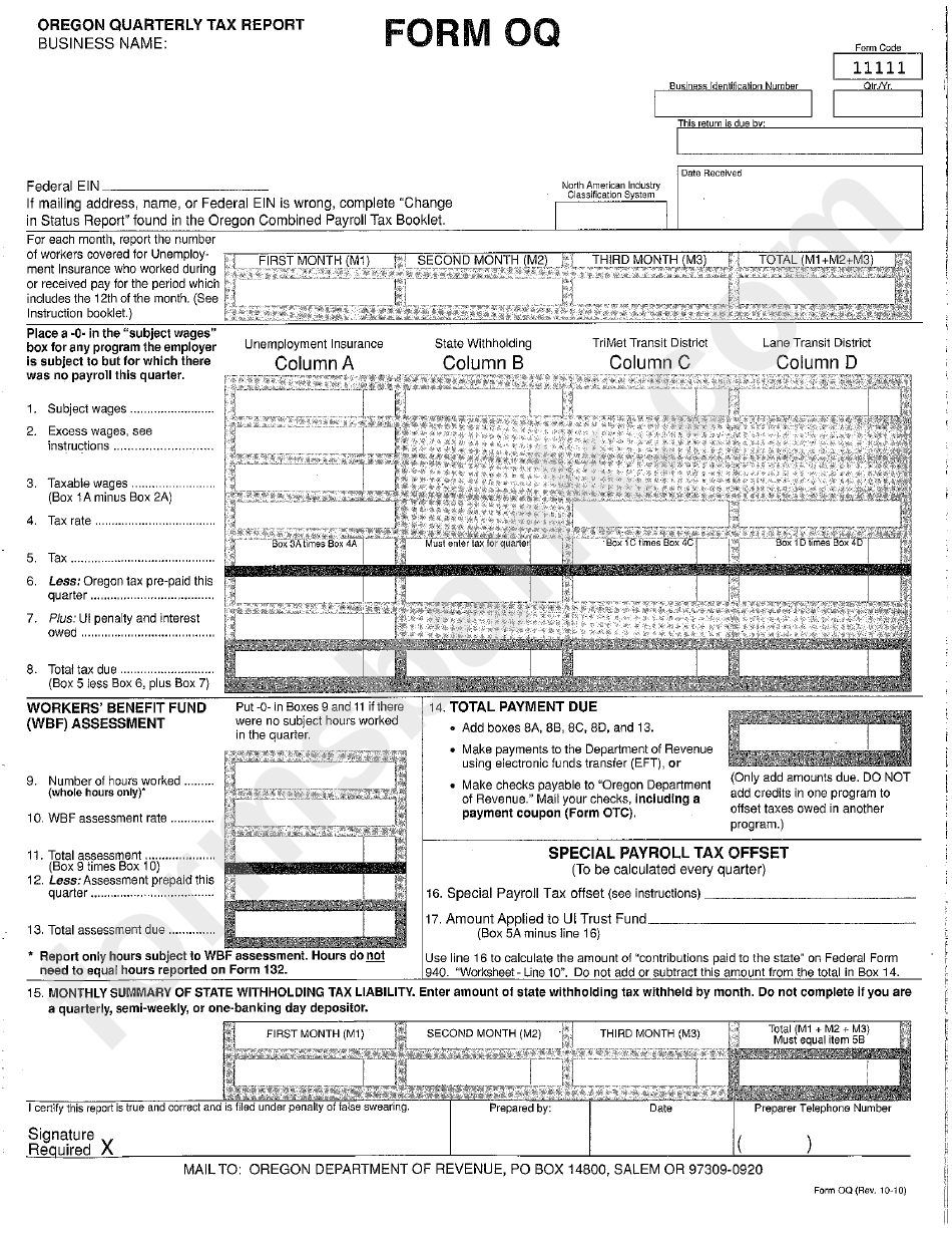 Form Oq Quarterly Tax Report printable pdf download