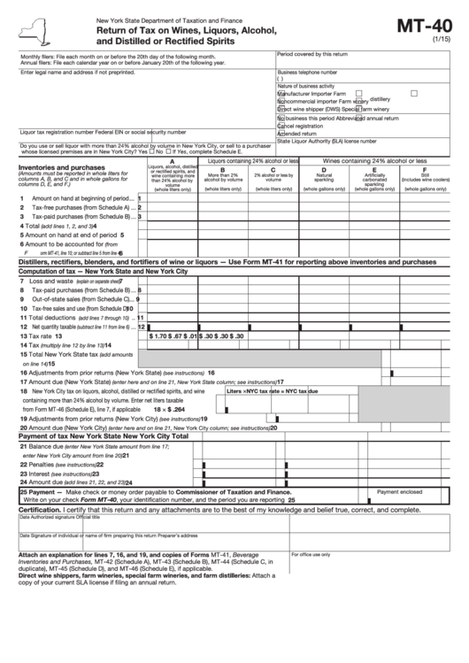 Form Mt-40 - Return Of Tax On Wines, Liquors, Alcohol, And Distilled Or Rectified Spirits - New York State Department Of Taxation And Finance Printable pdf