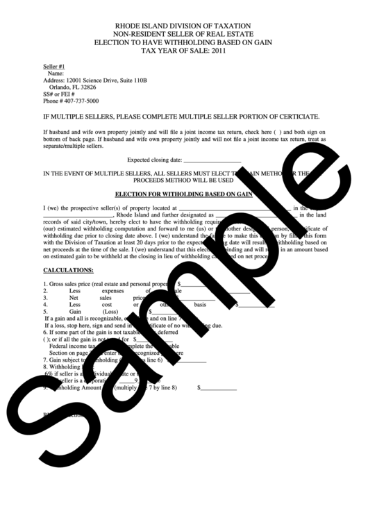 Non-Resident Seller Election To Have Withholding Form 2011 Printable pdf