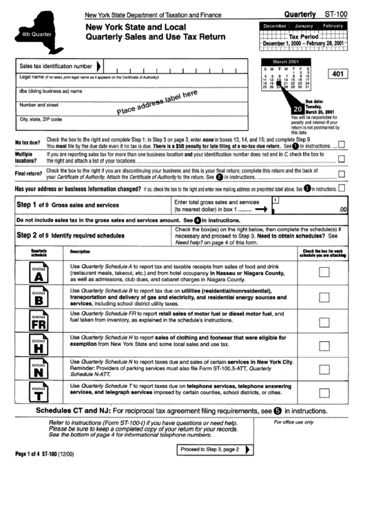 Form St-100 - Quarterly Sales And Use Tax Return Form Printable pdf