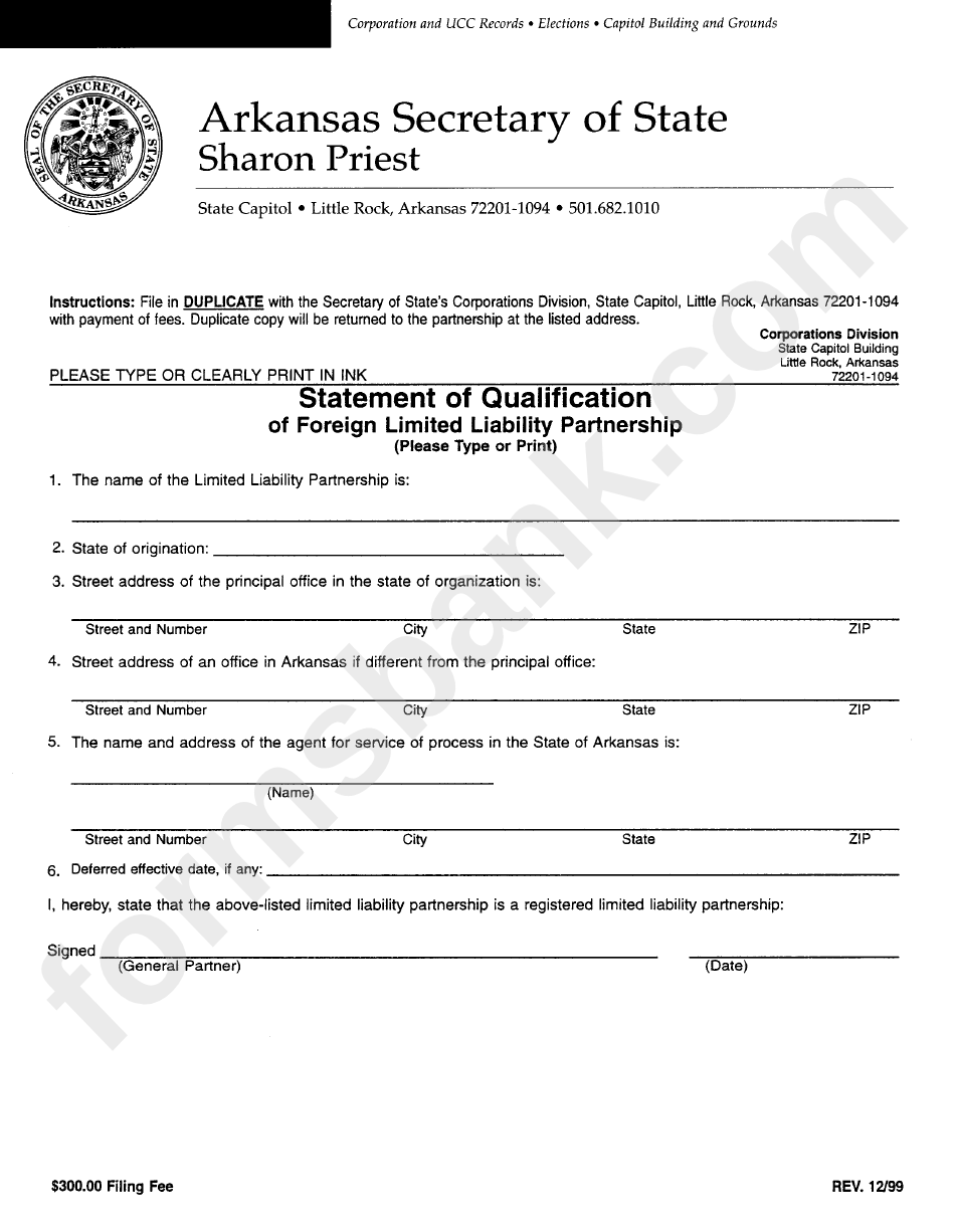 Statement Of Qualification Of Foreign Llc Form - Arkansas Secretary Of State