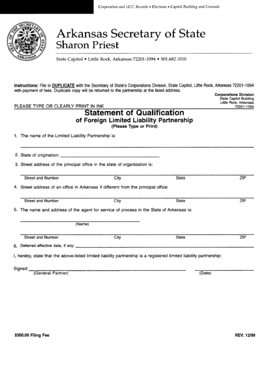 Statement Of Qualification Of Foreign Llc Form - Arkansas Secretary Of State Printable pdf