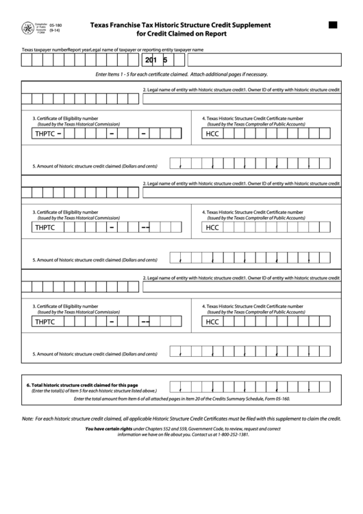 Fillable Form 05-180 - Franchise Tax Historic Structure Credit Supplement For Credit Claimed On Report Printable pdf