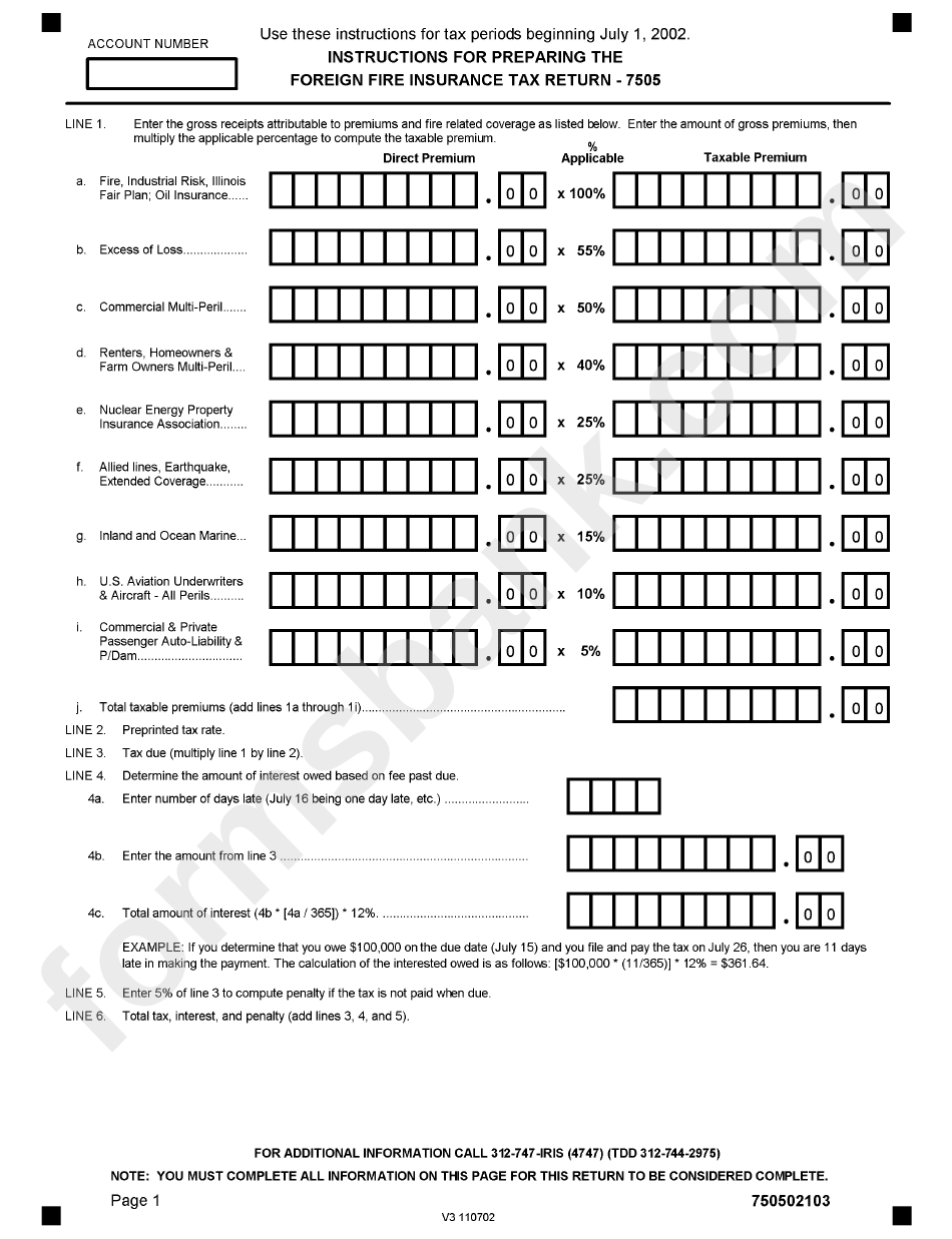 Form 7505 - Instructions For Preparing The Foreing Fire Insurance Tax Return