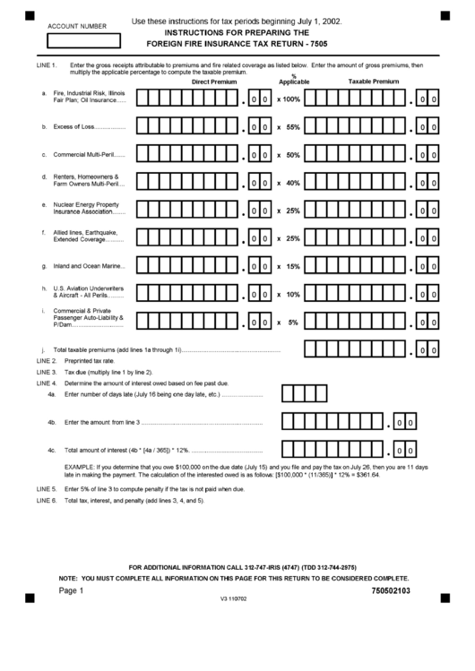 Form 7505 - Instructions For Preparing The Foreing Fire Insurance Tax Return Printable pdf