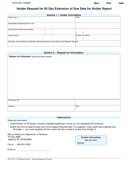 Fillable Form Ucp-135 - Holder Request For 60 Day Extension Of Due Date For Holder Report Printable pdf