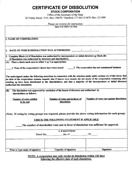 Certificate Of Dissolution Form - Connecticut Secretary Of The State Printable pdf