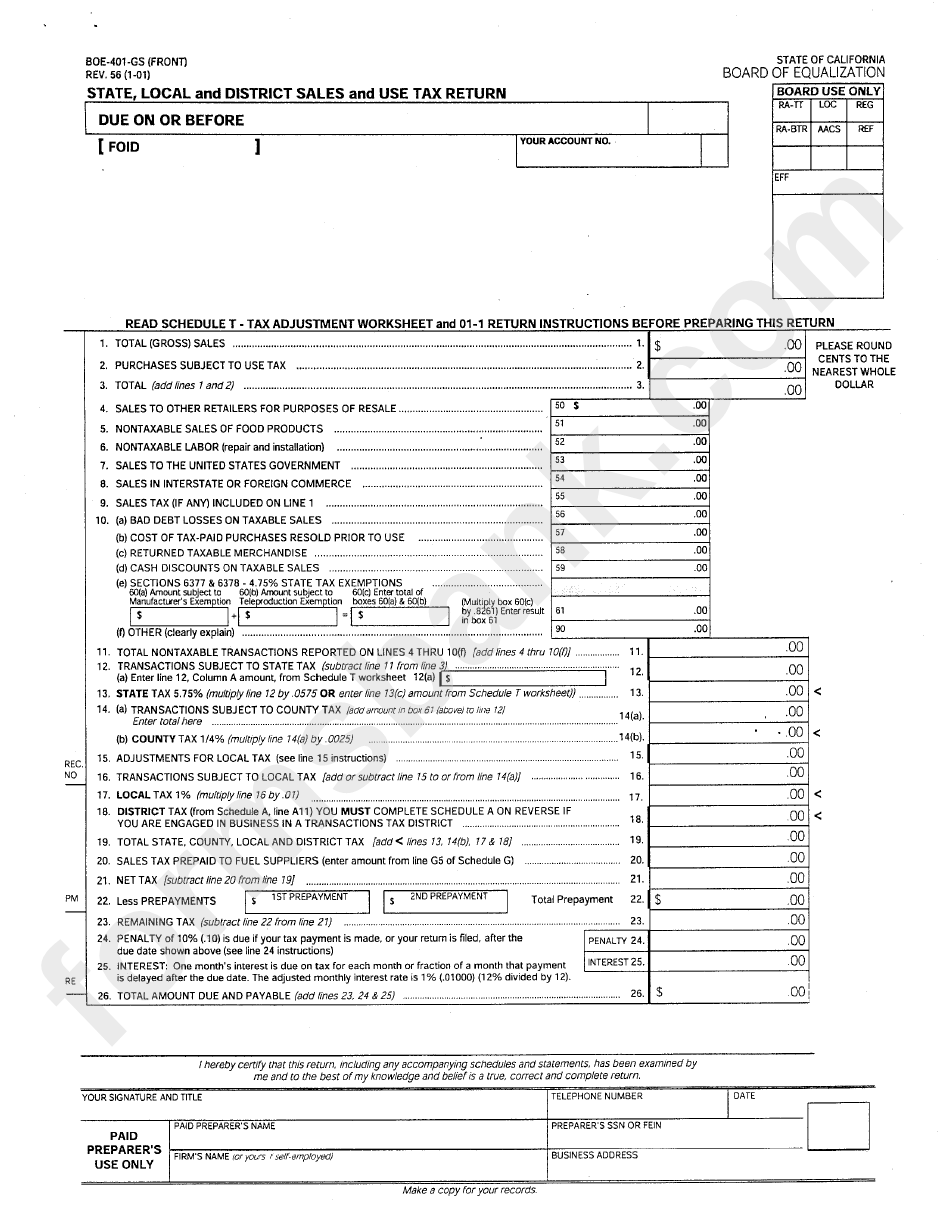 Form Boe-401-Gs - State, Local And District Sales And Use Tax Return Form - California