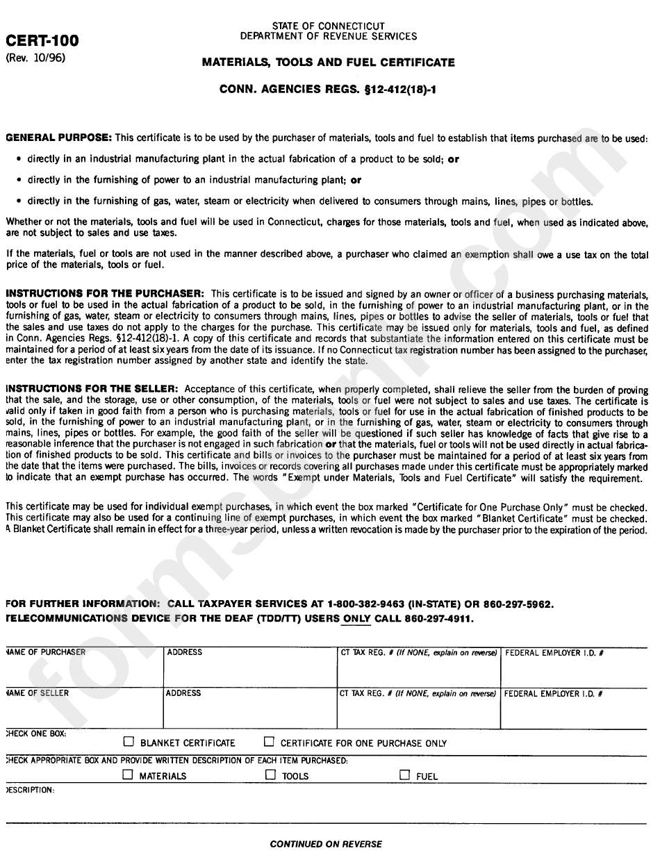 Form Cert-100 - Materials, Tools And Fuel Certificate - Connecticut Department Of Revenue