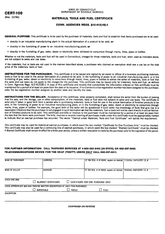 Form Cert-100 - Materials, Tools And Fuel Certificate - Connecticut Department Of Revenue Printable pdf