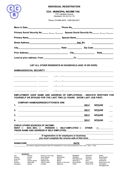 Cca - Municipal Income Tax Form - Ohio Printable pdf