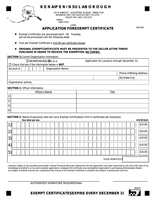 Form 38303 - Application For Exempt Certificate Printable pdf