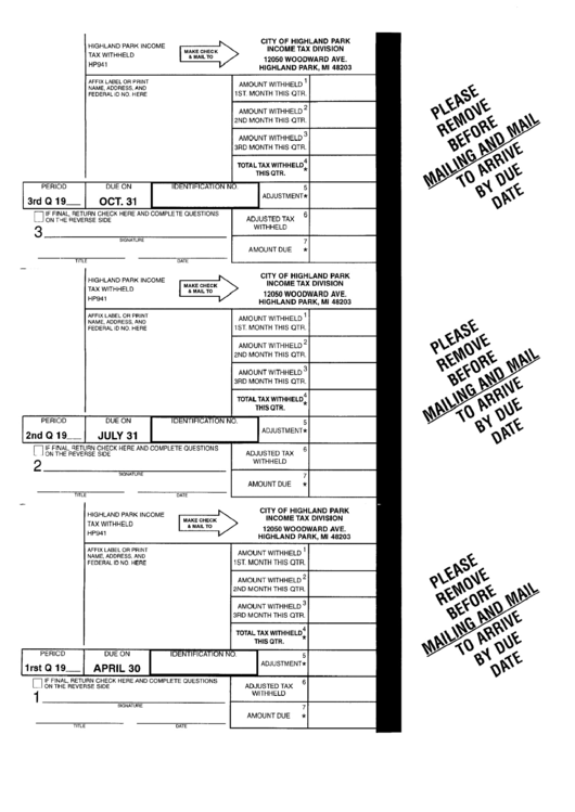 Form Hp941 - Tax Withheld Form - City Of Highland Park Printable pdf