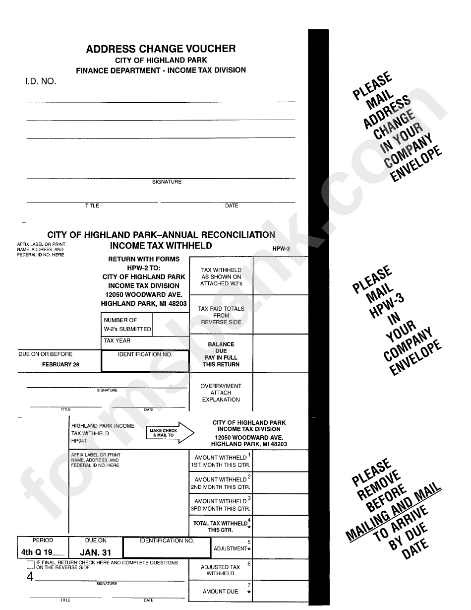 Form Hp941 - Tax Withheld Form - City Of Highland Park