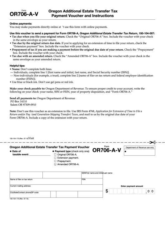 Form Or706-A-V - Additional Estate Transfer Tax Payment Voucher And Instructions Printable pdf