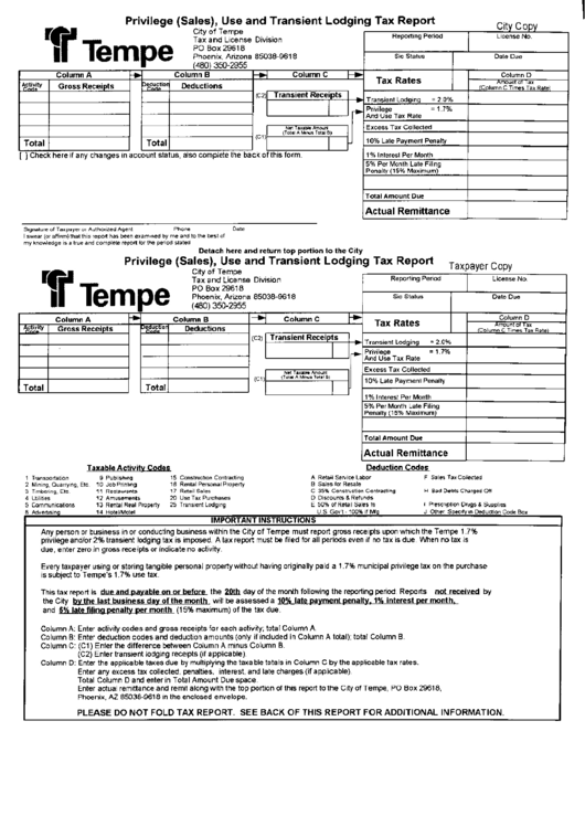 Sales, Use And Transient Lodging Tax Report Form - City Of Tempe Printable pdf