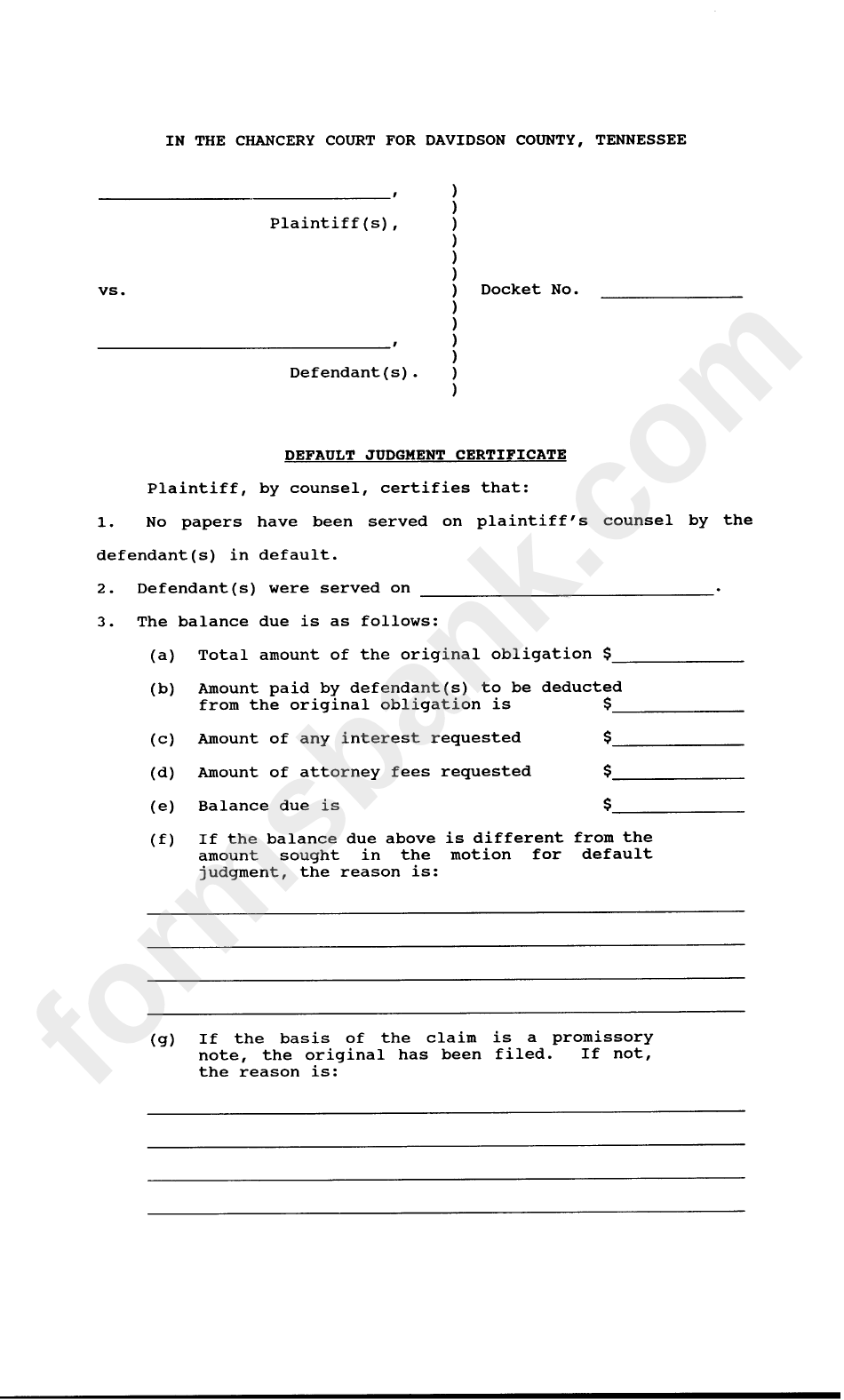 Default Judgment Certificate Form Davidson County, Tennessee