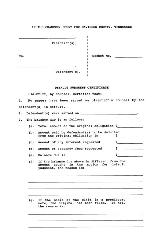 Default Judgment Certificate Form - Davidson County, Tennessee Printable pdf