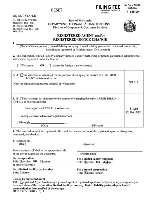 Fillable Form Dfi/corp/13 - Registered Agent And/or Registered Office Change Form - Department Of Financial Institutions - 2015 Printable pdf