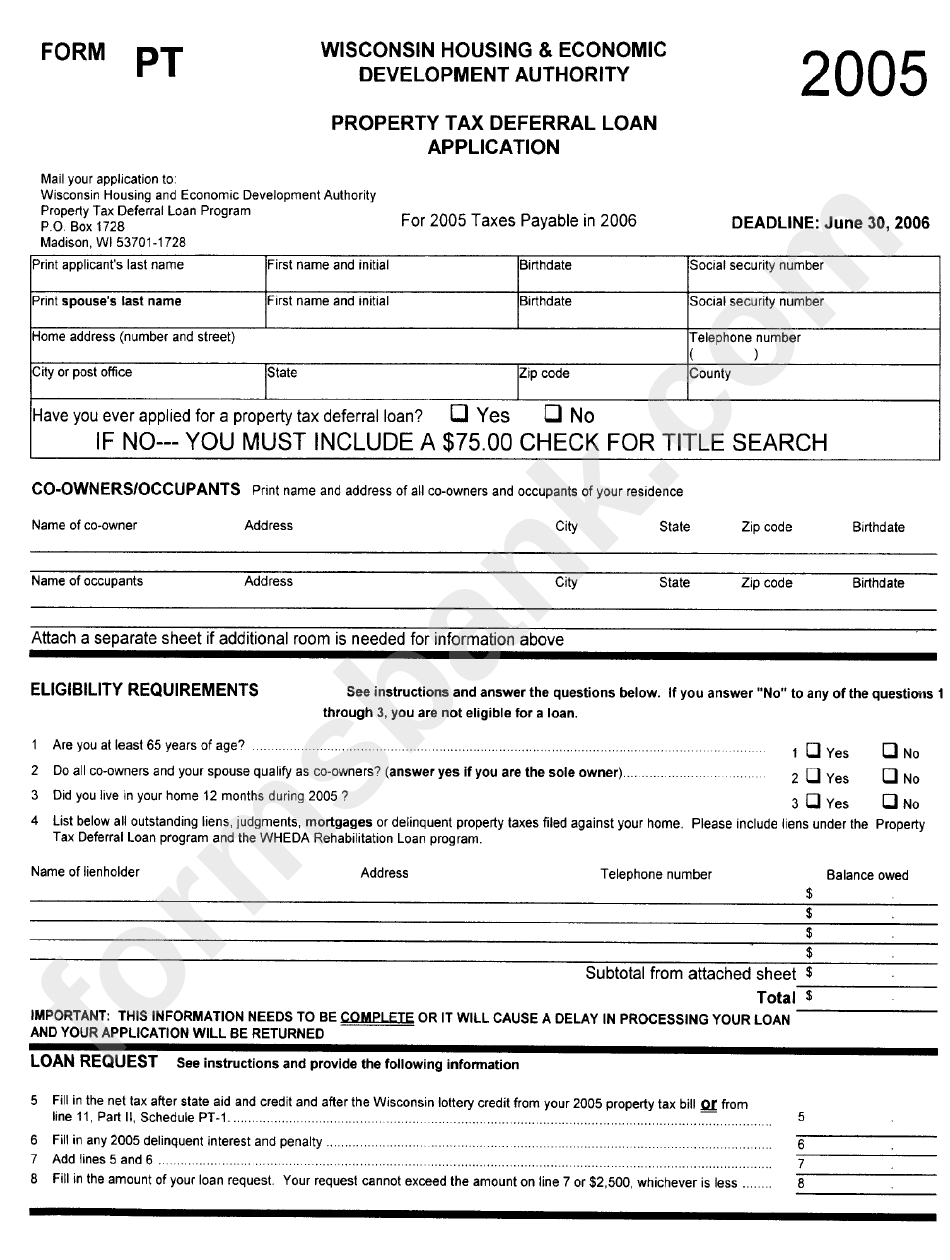 Form Rt - Property Tax Deferral Loan Application - Wisconsin Housing And Economic Development Authority