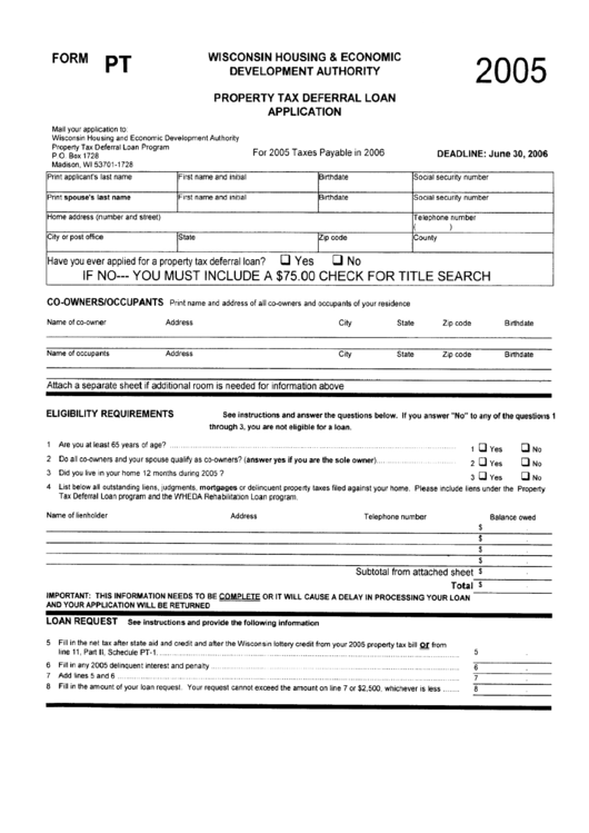 Form Rt - Property Tax Deferral Loan Application - Wisconsin Housing And Economic Development Authority Printable pdf