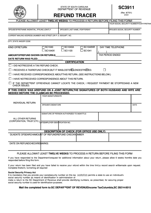 Form Sc3911 - Refund Tracer - South Carolina Department Of Revenue Printable pdf