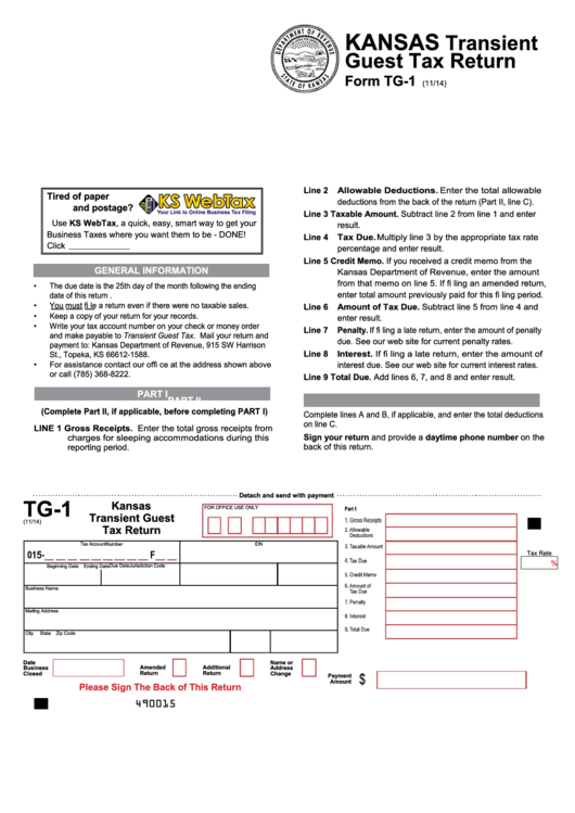 Fillable Form Tg-1 - Transient Guest Tax Return Printable pdf