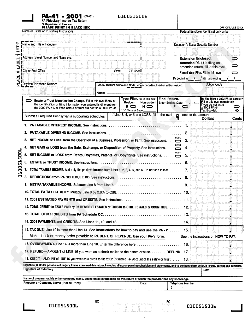 Form Pa-41 - Fiduclary Income Taxe Return - 2001