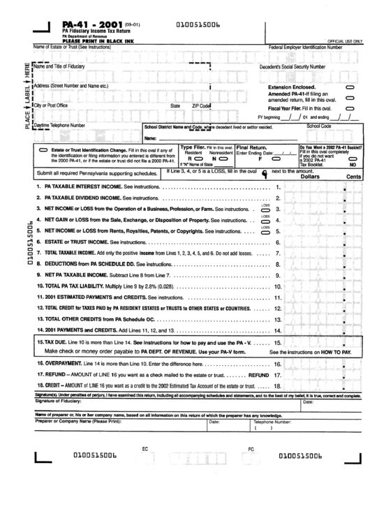 Form Pa-41 - Fiduclary Income Taxe Return - 2001 Printable pdf