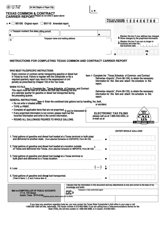 Fillable Texas Common & Contract Carrier Report Form Printable pdf