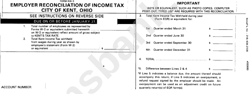 Form Kw-3 - Employer Reconciliation Of Income Tax