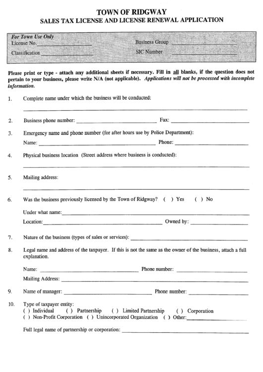 Sales Tax Form License And License Renewal Application - Town Of Ridgway, Colorado Printable pdf