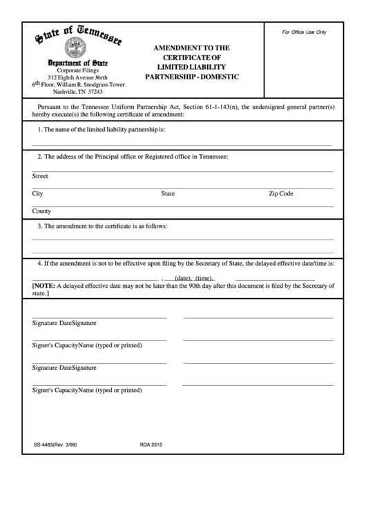 Amendment To The Certificate Of Limited Liability Partnership - Domestic Form - Tennessee Department Of State Printable pdf