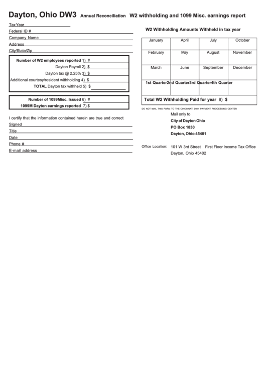 Form Dw3 - Annual Reconciliation W2 Withholding And 1099 Misc. Earnings Report Printable pdf