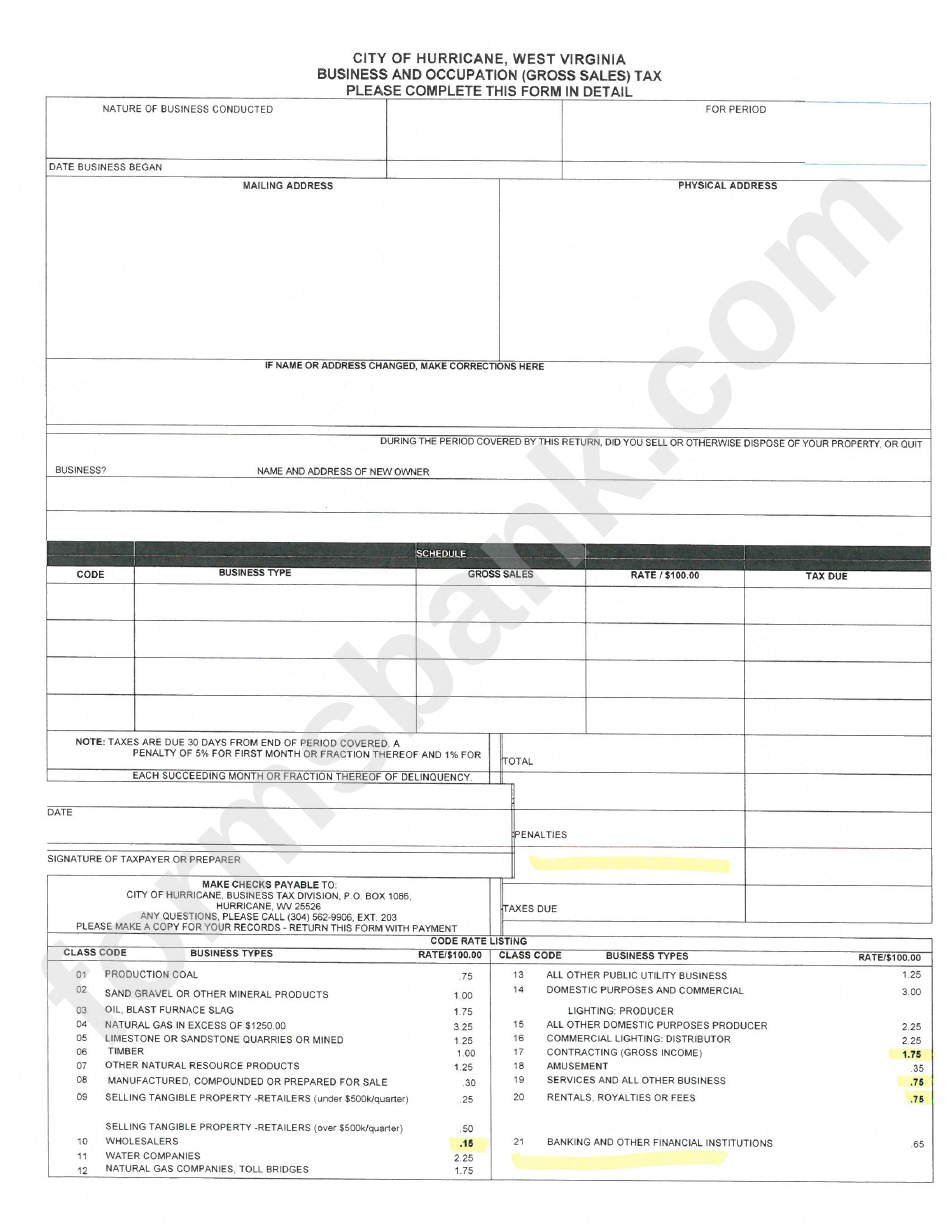 Business And Occupation (Gross Sales) Tax Form