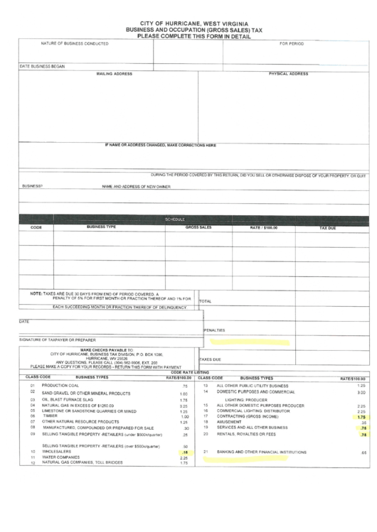 Business And Occupation (Gross Sales) Tax Form Printable pdf