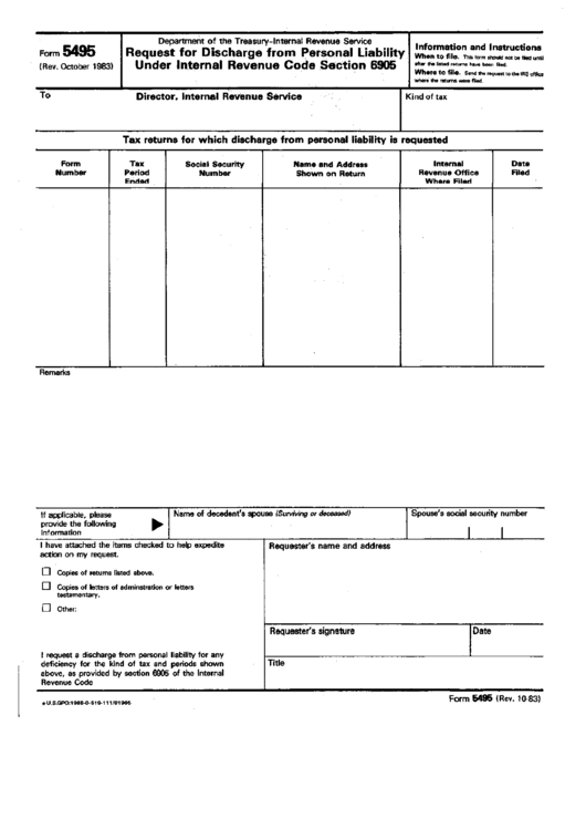 Form 5495 - Request For Discharge From Personal Liability Under Internal Revenue Code Section 6906 - Department Of The Treasury Printable pdf