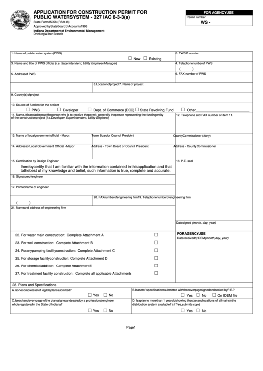 Fillable State Form 35058 - Application For Construction Permit For Public Water System - 327 Iac 8-3-3(A) - Indiana Department Of Environmental Management Printable pdf