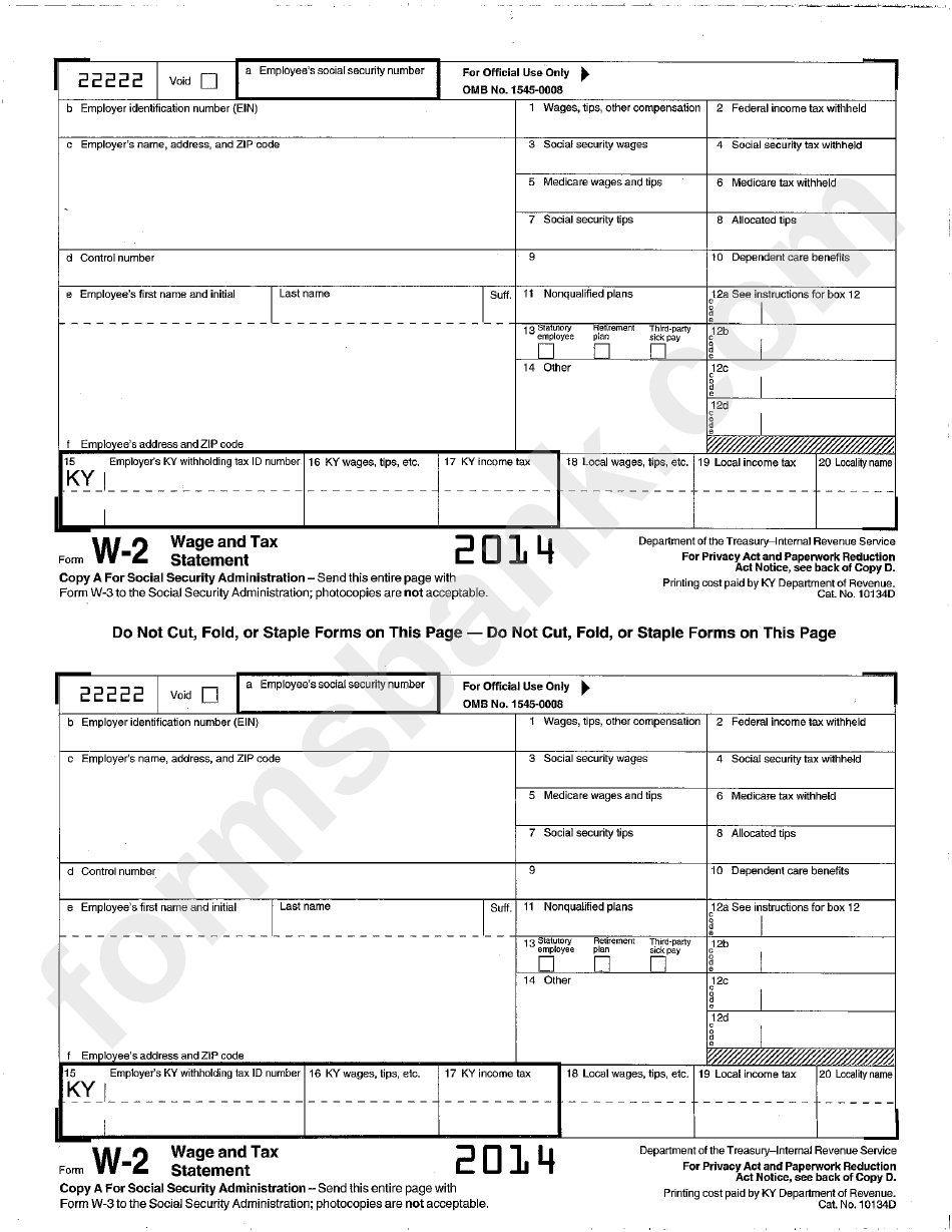 Form W-2 - Wage And Tax Statement 2014