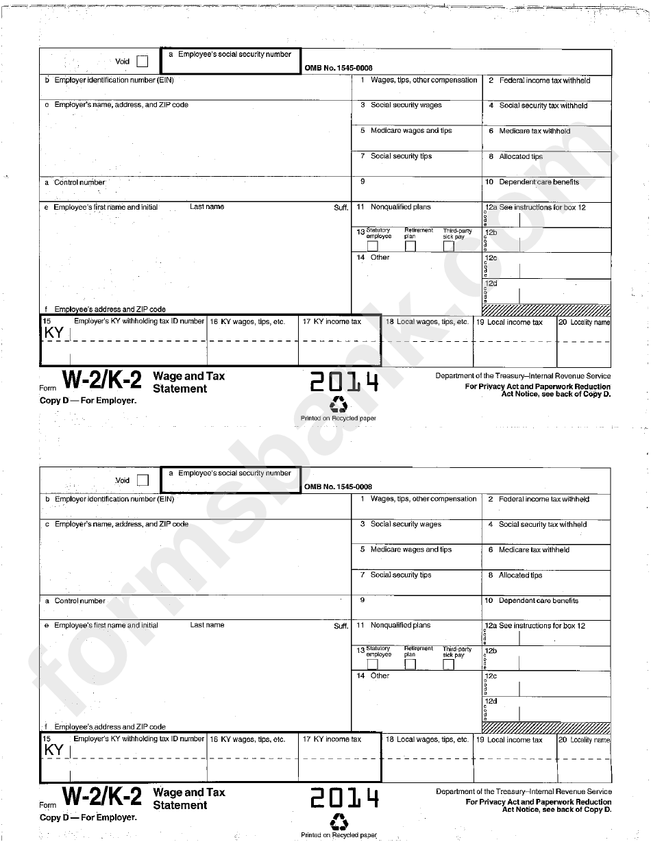 Form W-2 - Wage And Tax Statement 2014