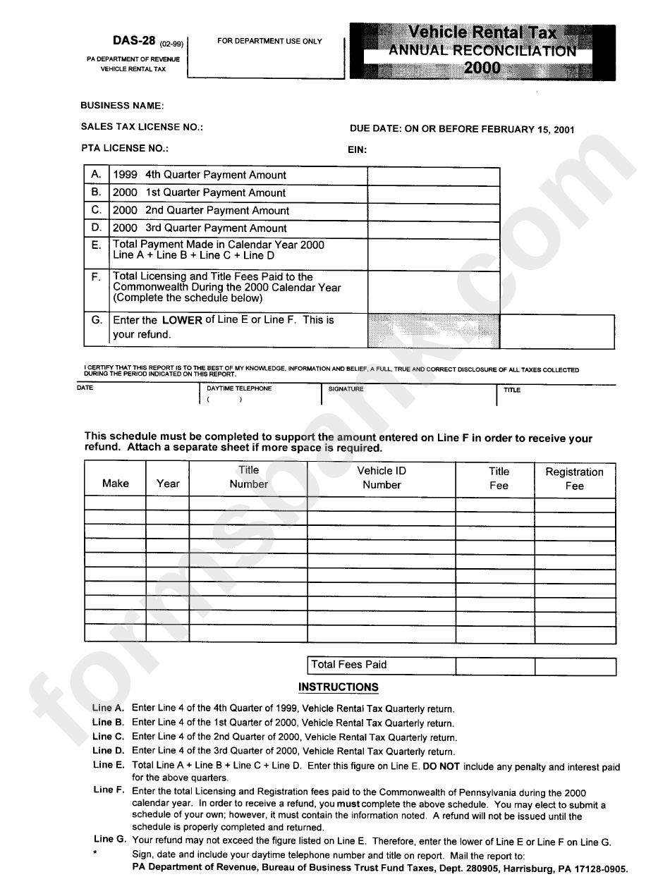 Form Das28  Vehicle Rental Tax Annual Reconciliation 2000 printable