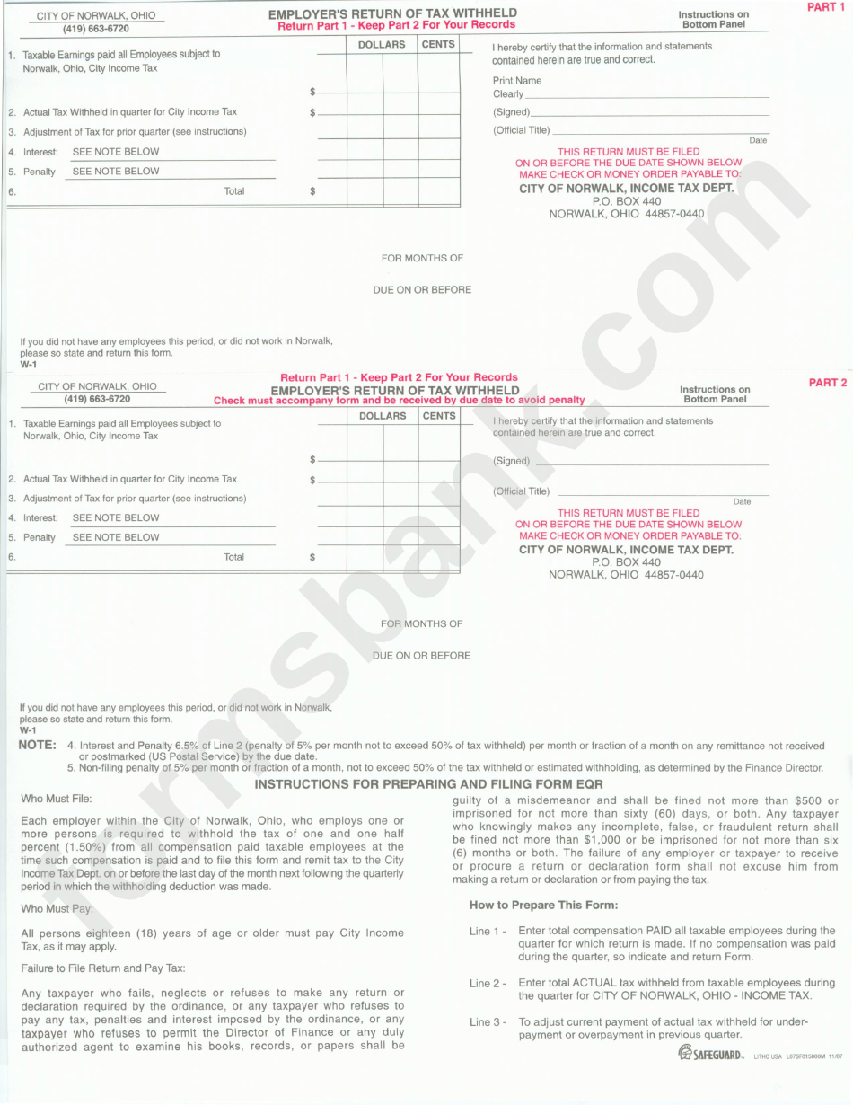 Employer'S Return Of Tax Withheld Form printable pdf download