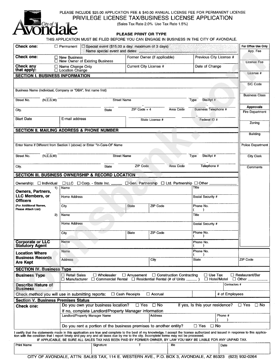 Privilege License Tax/business License Application Form - City Of Avondale, Arizona
