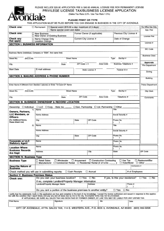 Privilege License Tax/business License Application Form - City Of Avondale, Arizona Printable pdf