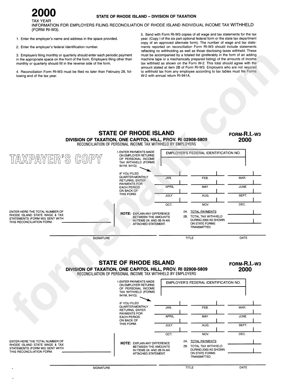 Form R.i.-W3 - Reconcilation Of Personal Income Tax Withheld By Employers 2000